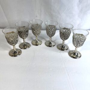 Cordial Liqueur Glasses Silver Filigree Holders Glass Inserts Set of 6 VTG MCM
